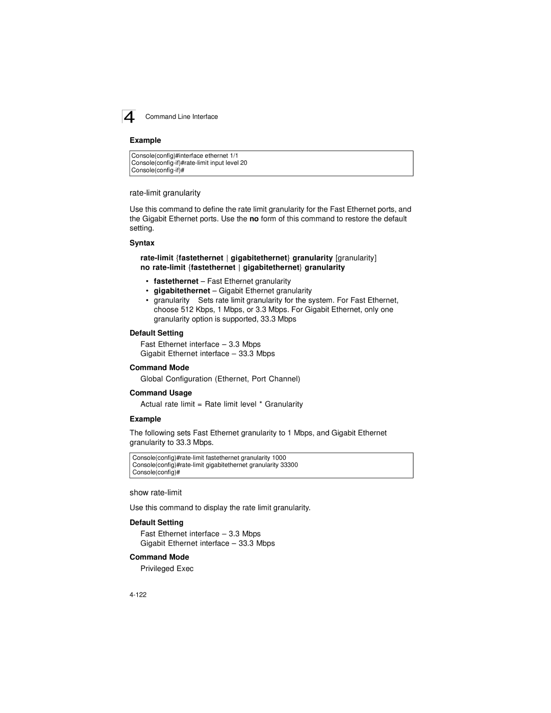 LevelOne GSW-2692 manual Rate-limit granularity, Show rate-limit, Global Configuration Ethernet, Port Channel 