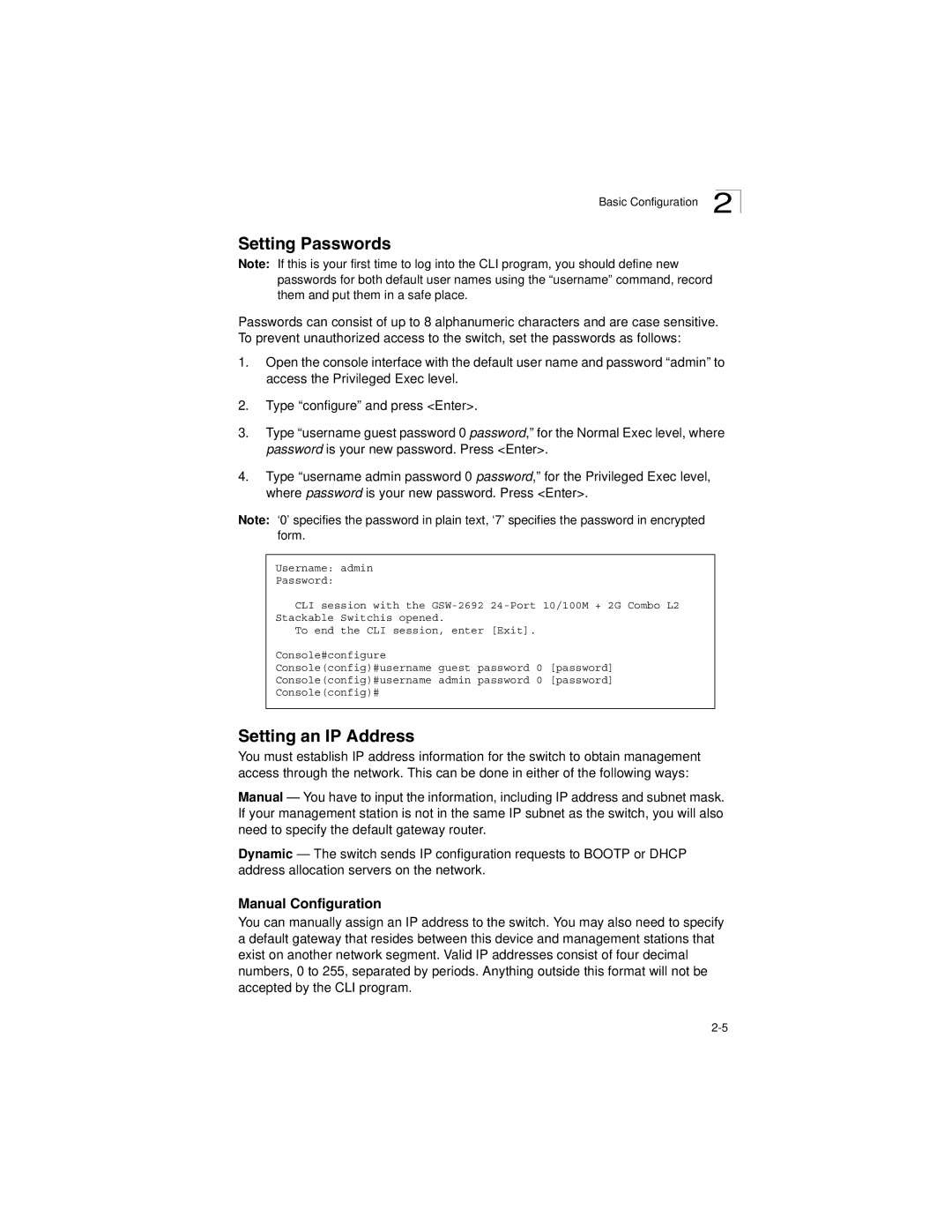 LevelOne GSW-2692 manual Setting Passwords, Setting an IP Address, Manual Configuration 