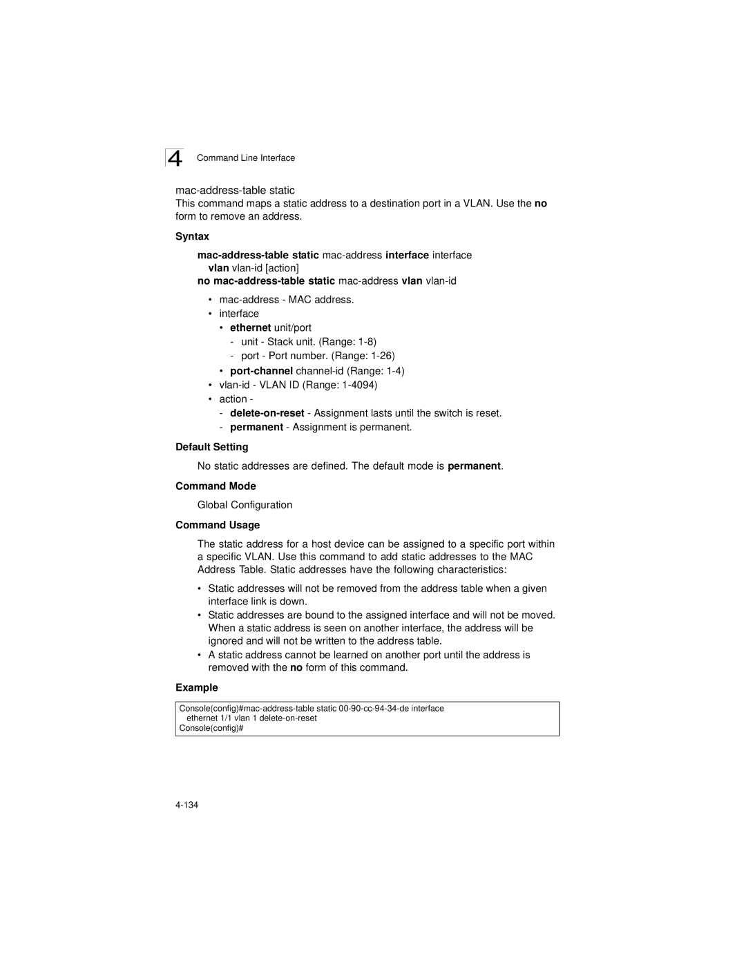 LevelOne GSW-2692 manual Mac-address-table static, Mac-address- MAC address, Vlan-id- Vlan ID Range 