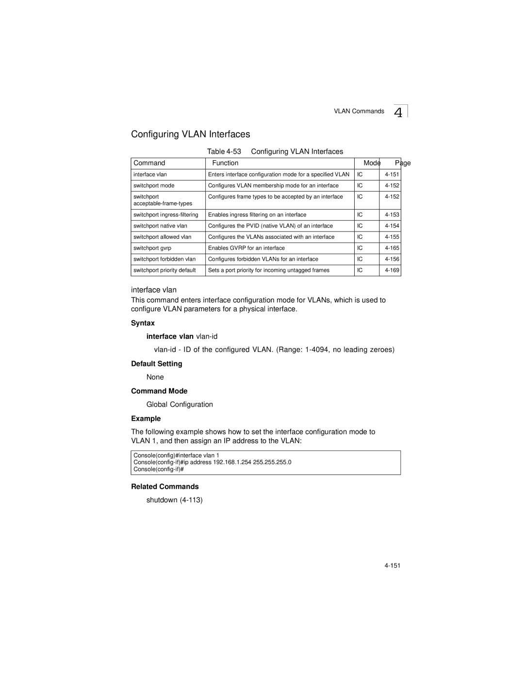 LevelOne GSW-2692 manual Configuring Vlan Interfaces Command Function Mode, Syntax Interface vlan vlan-id 