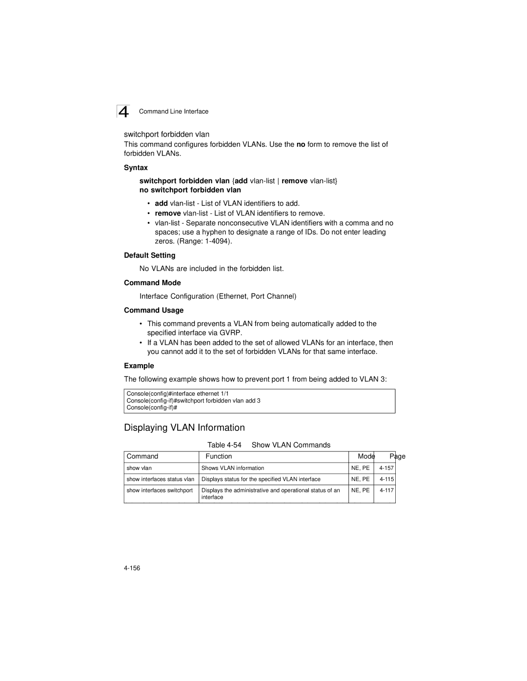 LevelOne GSW-2692 manual Displaying Vlan Information, Switchport forbidden vlan, Show Vlan Commands Function Mode 