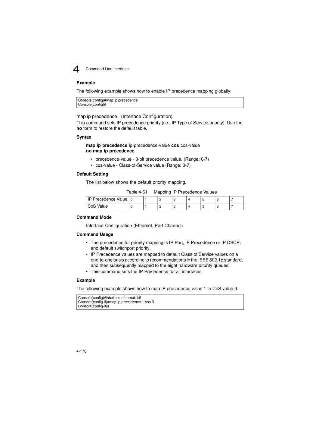 LevelOne GSW-2692 manual List below shows the default priority mapping, Mapping IP Precedence Values CoS Value Command Mode 