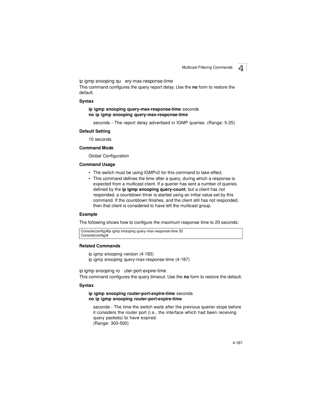 LevelOne GSW-2692 manual Ip igmp snooping query-max-response-time, Ip igmp snooping router-port-expire-time 