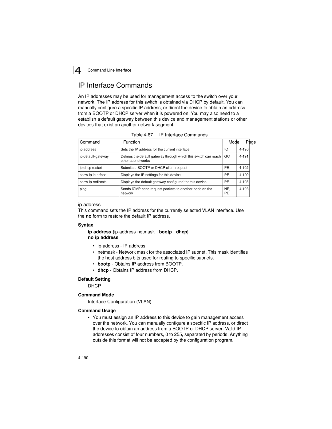 LevelOne GSW-2692 manual Ip address, IP Interface Commands Function Mode, 191, Interface Configuration Vlan 