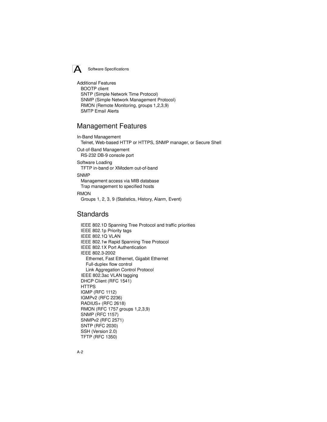 LevelOne GSW-2692 manual Management Features, Standards, Groups 1, 2, 3, 9 Statistics, History, Alarm, Event 