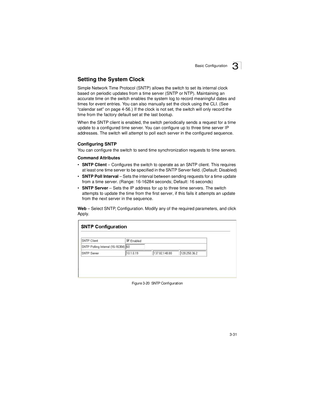 LevelOne GSW-2692 manual Setting the System Clock, Configuring Sntp 