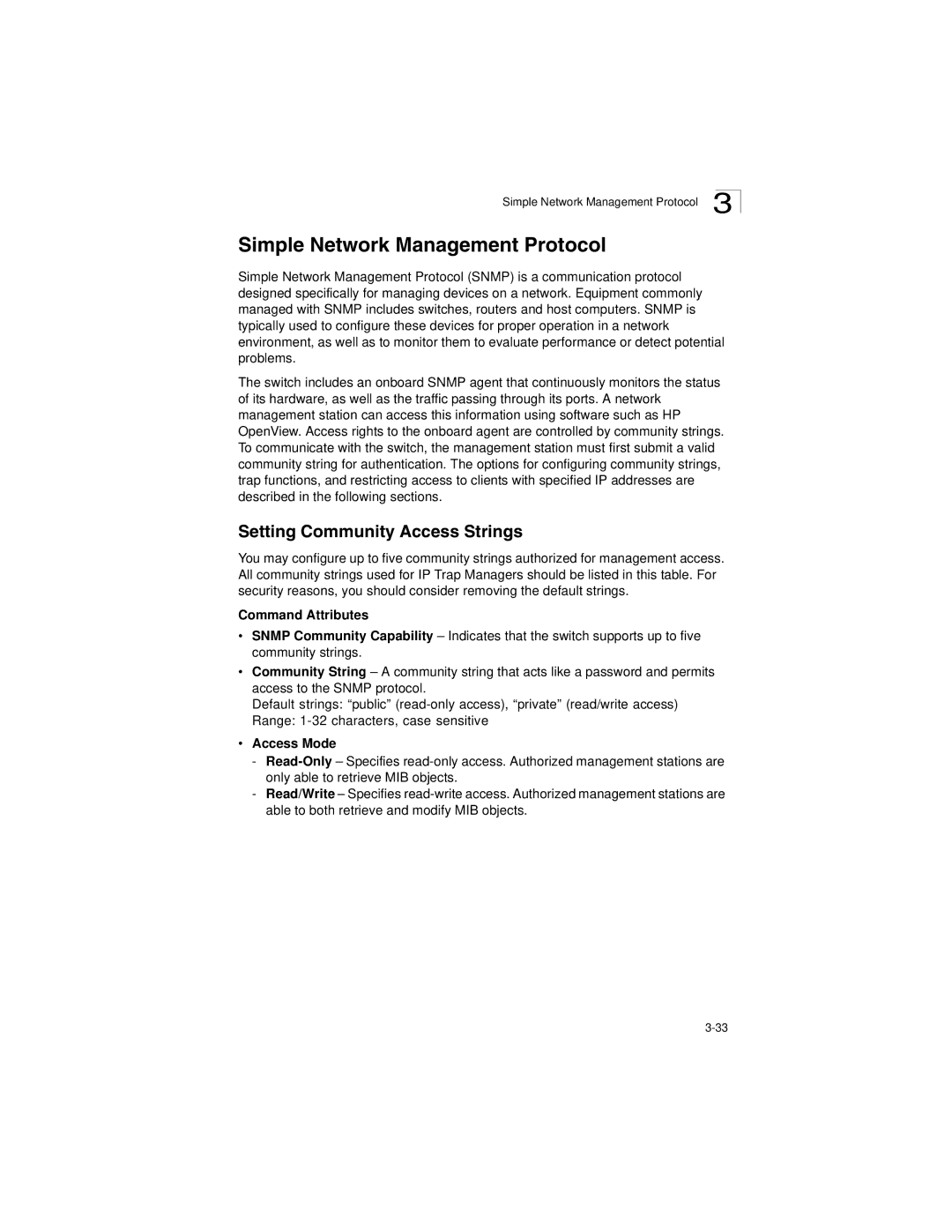 LevelOne GSW-2692 manual Simple Network Management Protocol, Setting Community Access Strings, Access Mode 