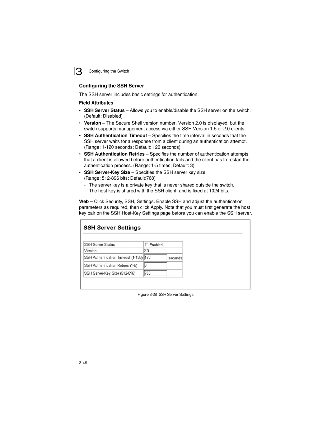 LevelOne GSW-2692 manual Configuring the SSH Server, SSH server includes basic settings for authentication 