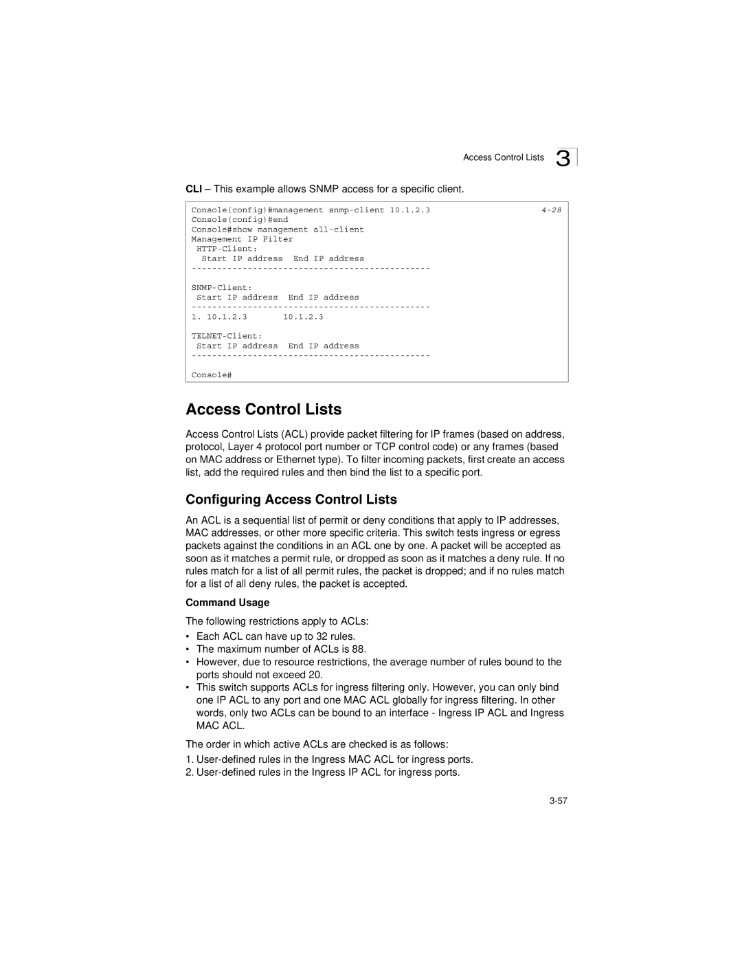 LevelOne GSW-2692 manual Configuring Access Control Lists, CLI This example allows Snmp access for a specific client 