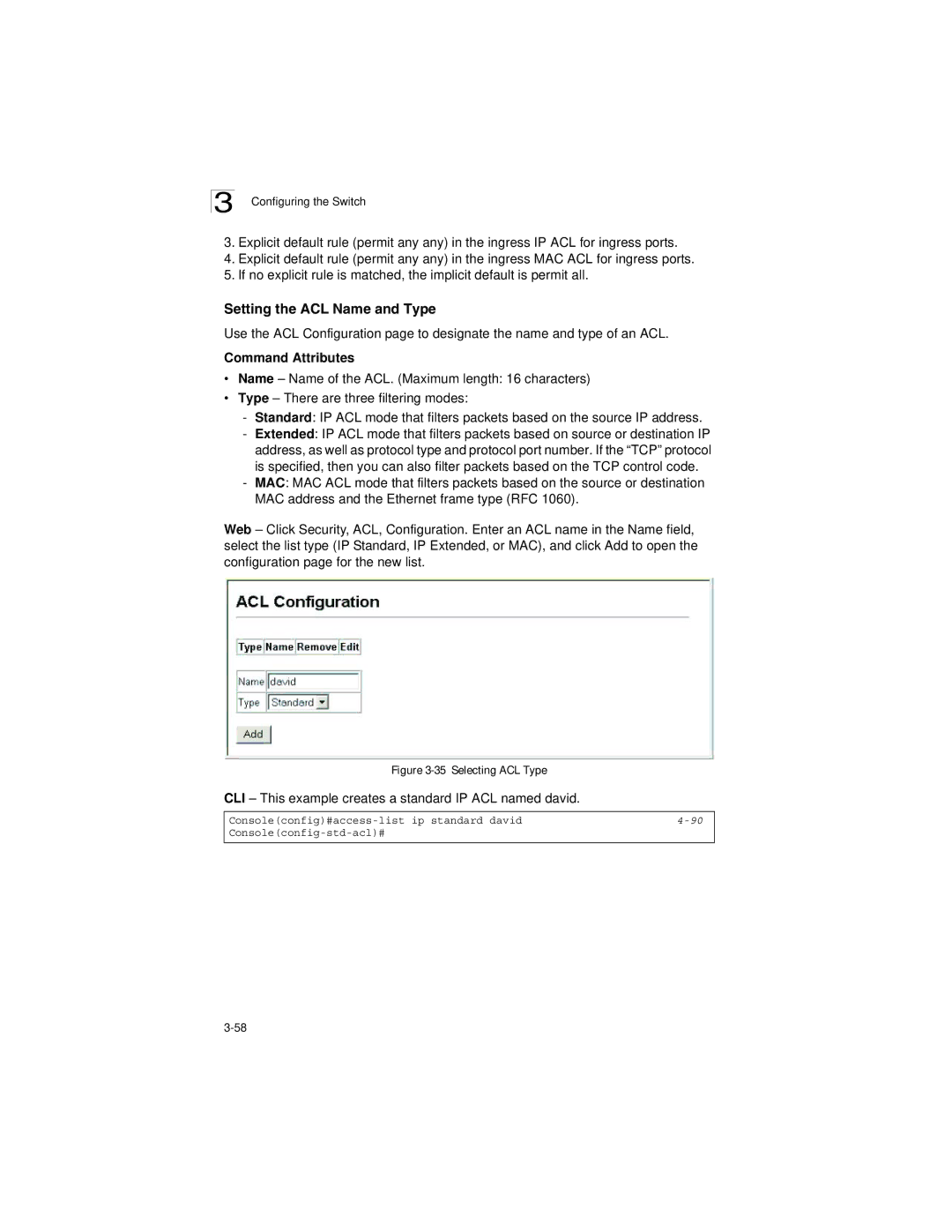 LevelOne GSW-2692 manual Setting the ACL Name and Type, CLI This example creates a standard IP ACL named david 