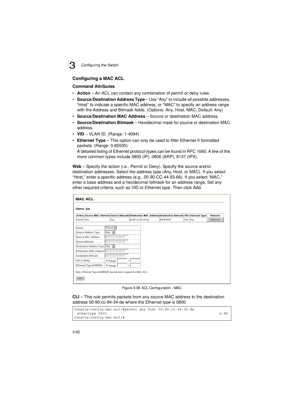 LevelOne GSW-2692 manual Configuring a MAC ACL, ACL Configuration MAC 