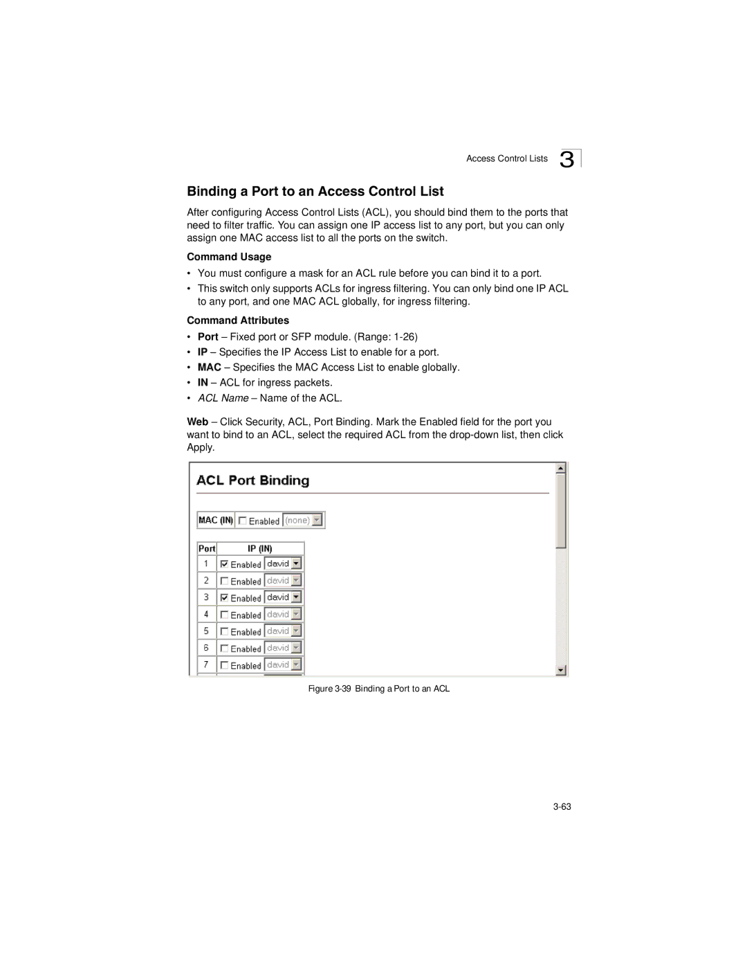 LevelOne GSW-2692 manual Binding a Port to an Access Control List, Binding a Port to an ACL 