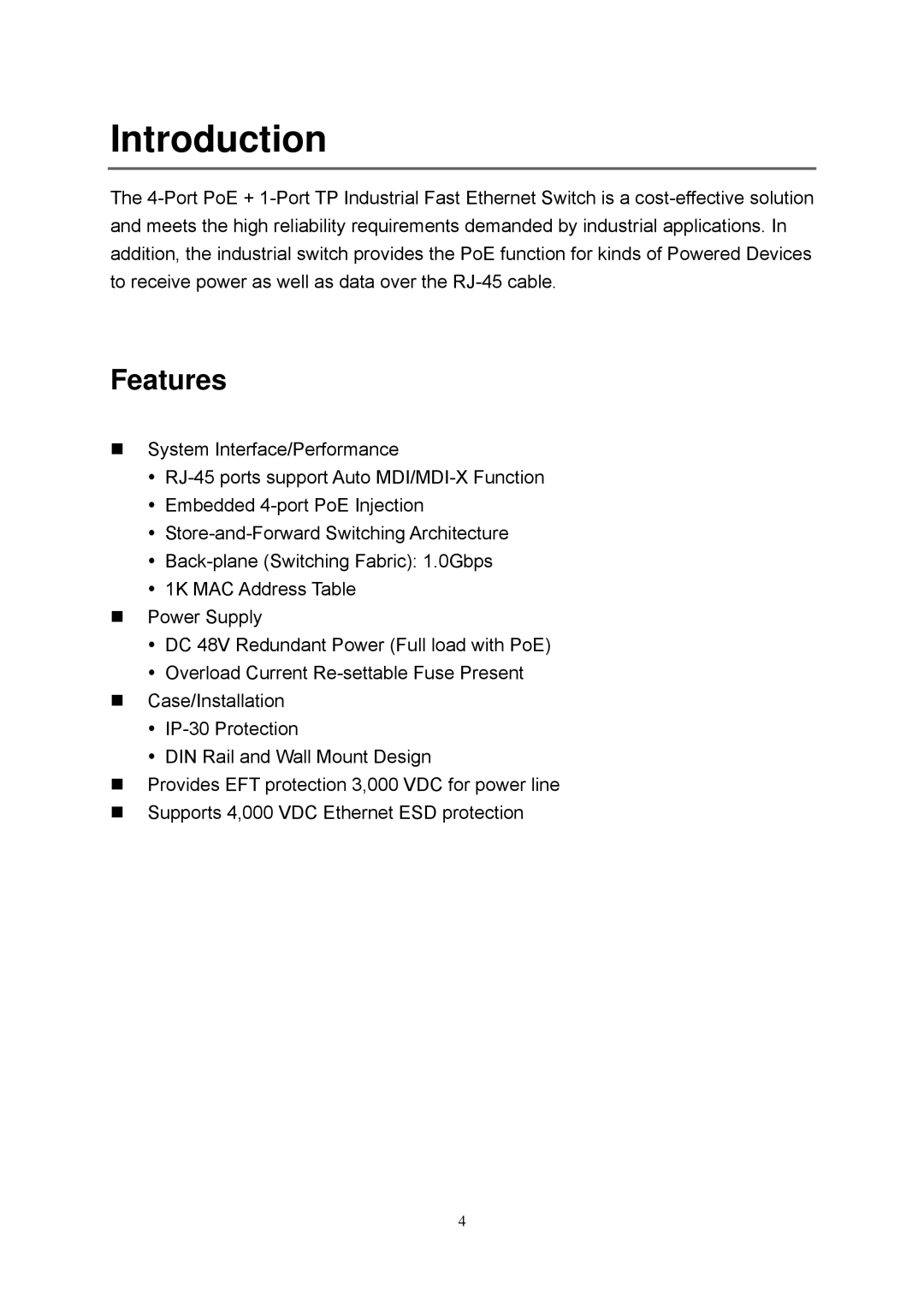 LevelOne IFE-0500 user manual Introduction, Features 