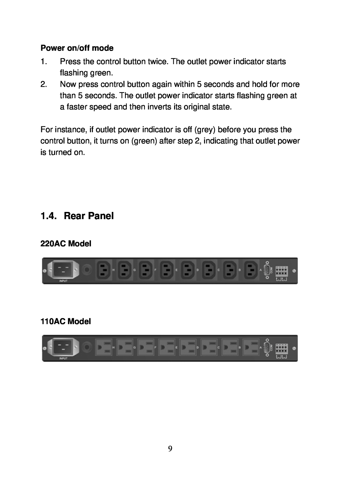 LevelOne IPS-0008 user manual Rear Panel, Power on/off mode, 220AC Model 110AC Model 