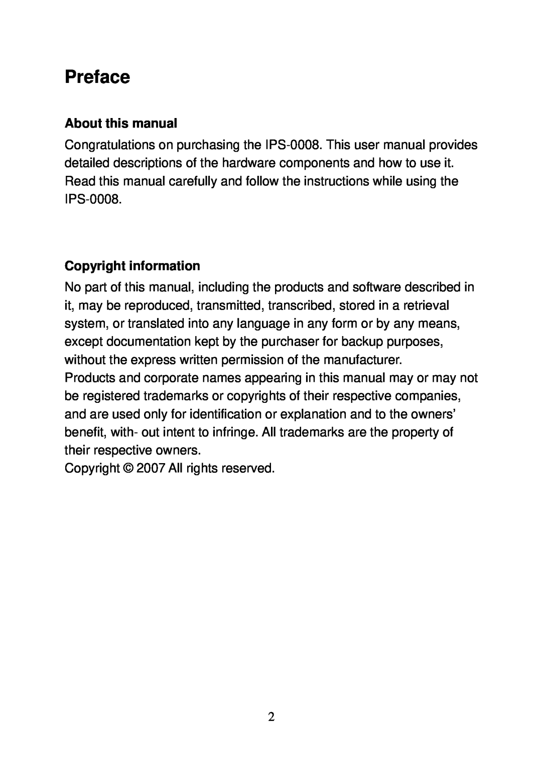 LevelOne IPS-0008 user manual Preface, About this manual, Copyright information 