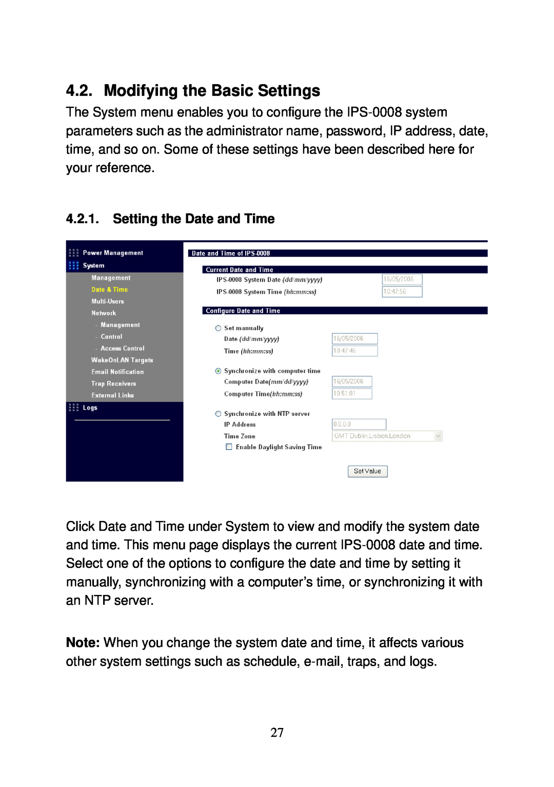 LevelOne IPS-0008 user manual Modifying the Basic Settings, Setting the Date and Time 