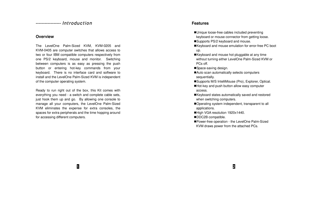 LevelOne KVM-0205, KVM-0405 specifications Introduction, Overview, Features 