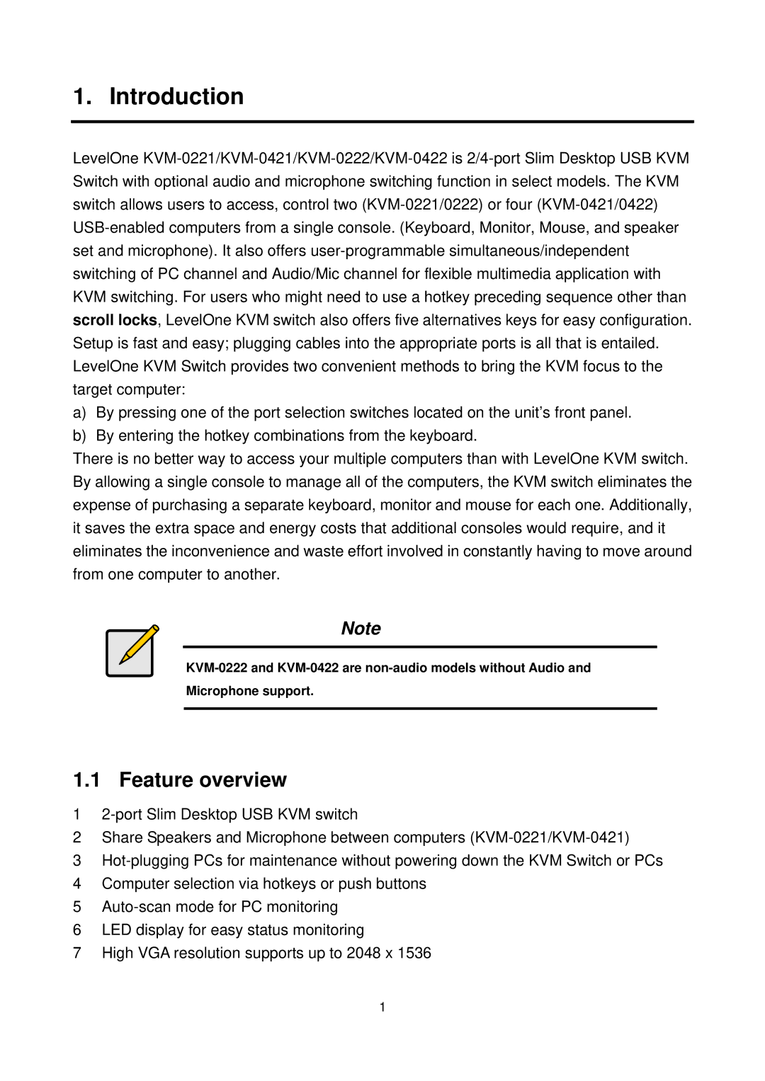 LevelOne KVM-0222/KVM-0422, KVM-0221/KVM-0421 user manual Introduction, Feature overview 