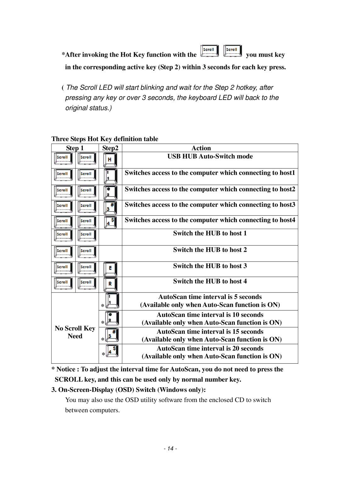 LevelOne KVM-0407 manual AutoScan time interval is 20 seconds, On-Screen-Display OSD Switch Windows only 