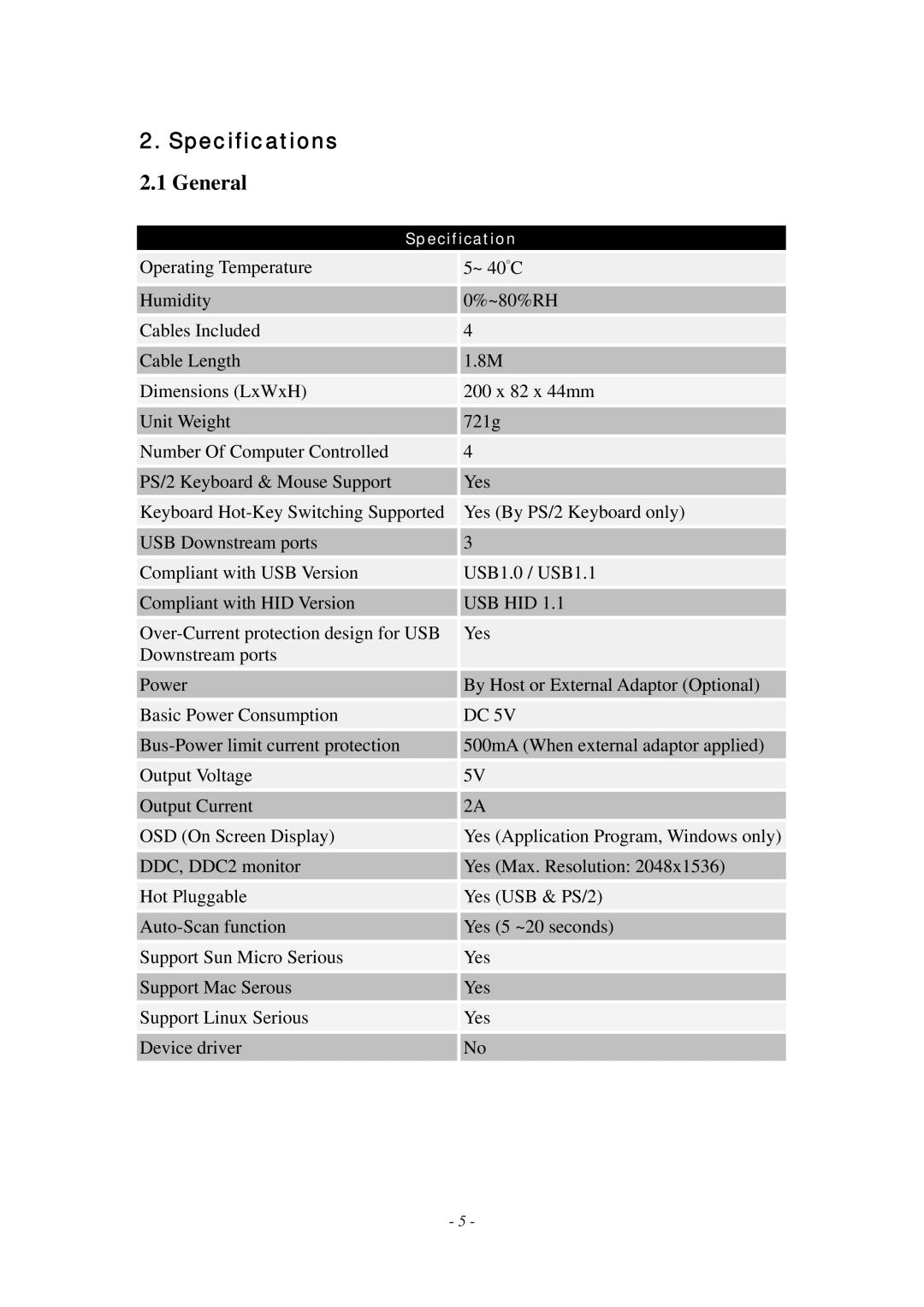 LevelOne KVM-0407 manual Specifications, General 