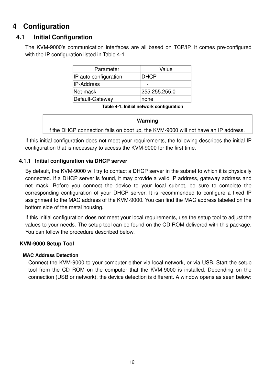 LevelOne user manual Initial Configuration, Initial configuration via Dhcp server, KVM-9000 Setup Tool 