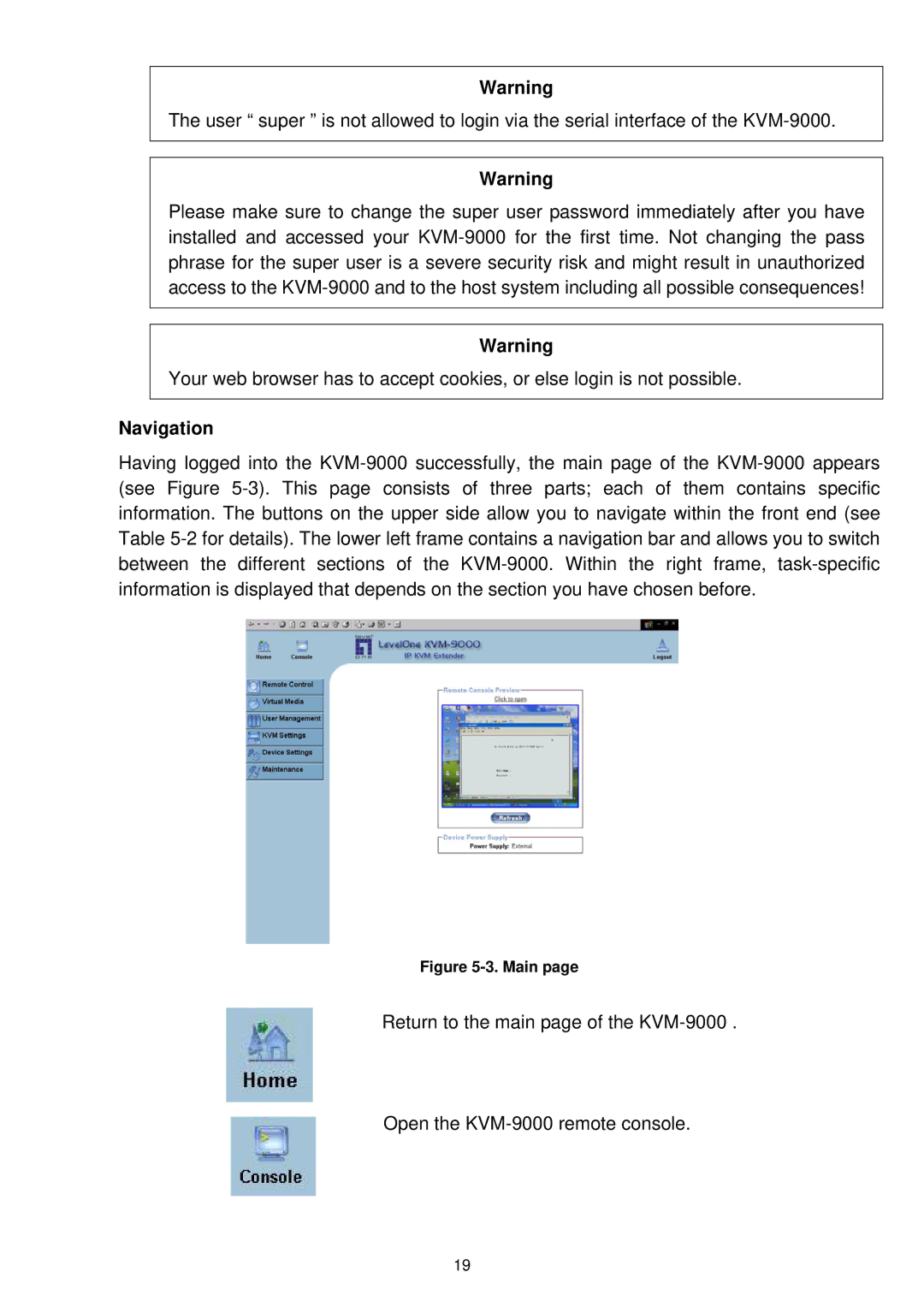 LevelOne KVM-9000 user manual Navigation, Main 