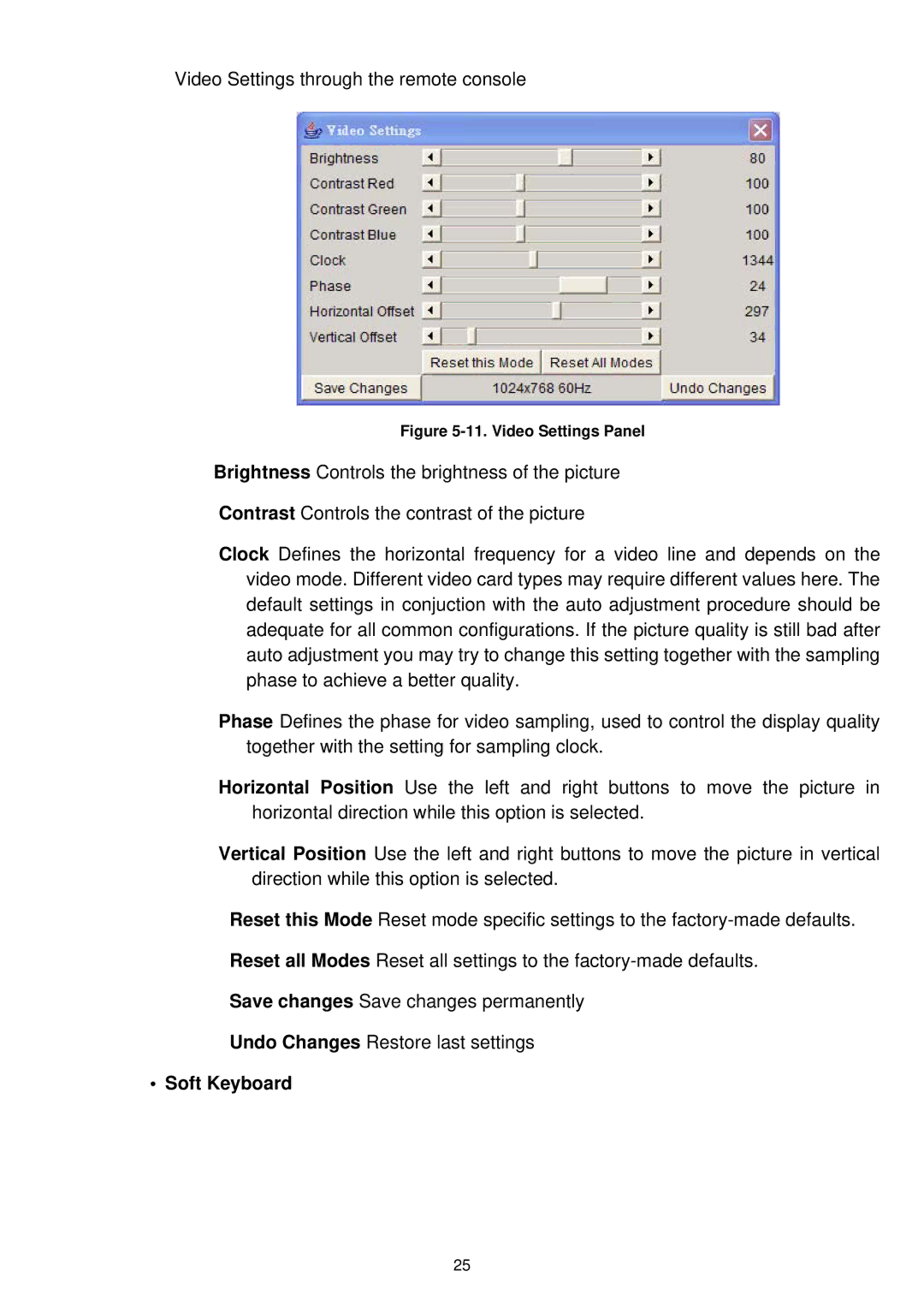 LevelOne KVM-9000 user manual Soft Keyboard, Video Settings Panel 