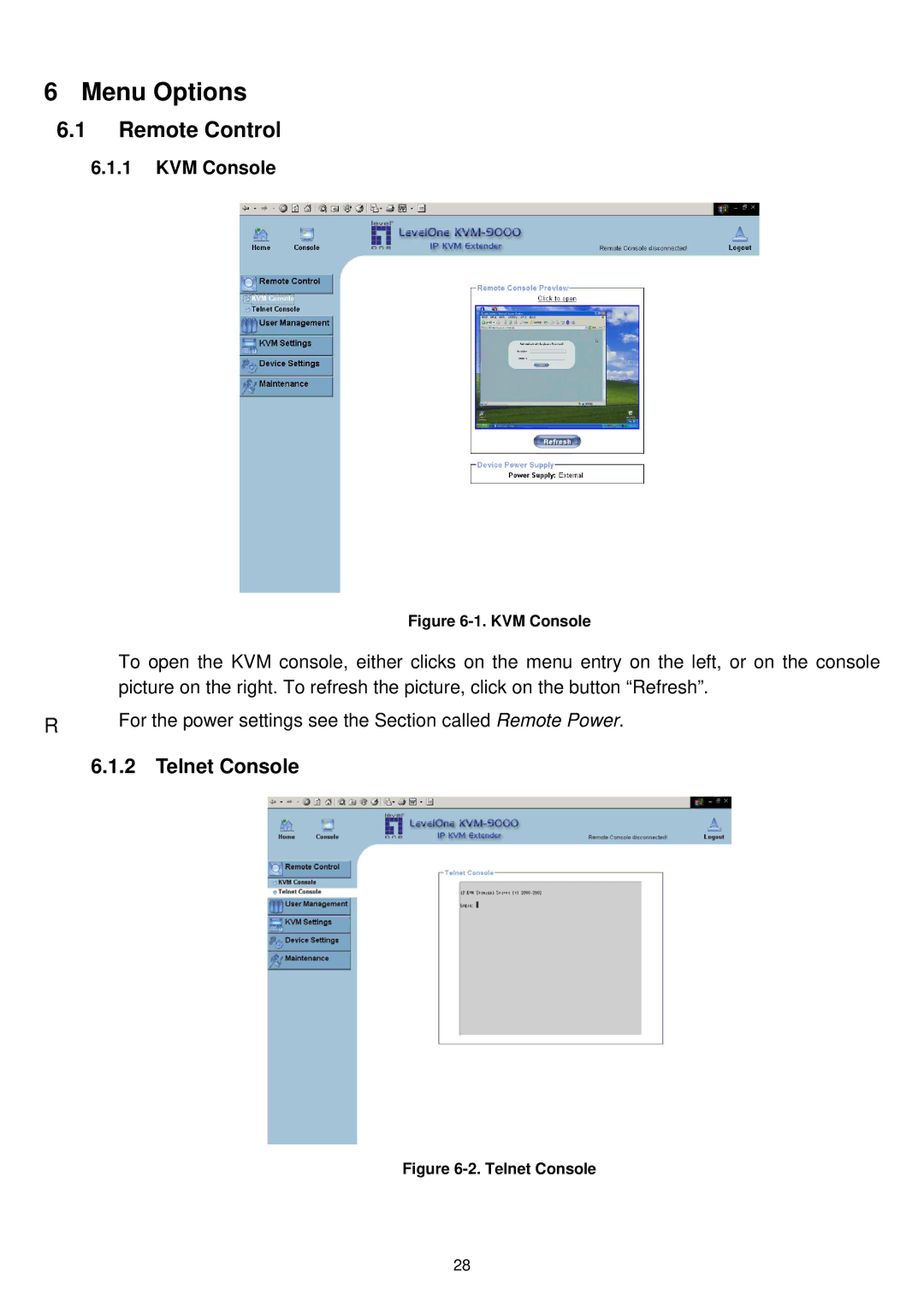 LevelOne KVM-9000 user manual Menu Options, Remote Control, KVM Console 