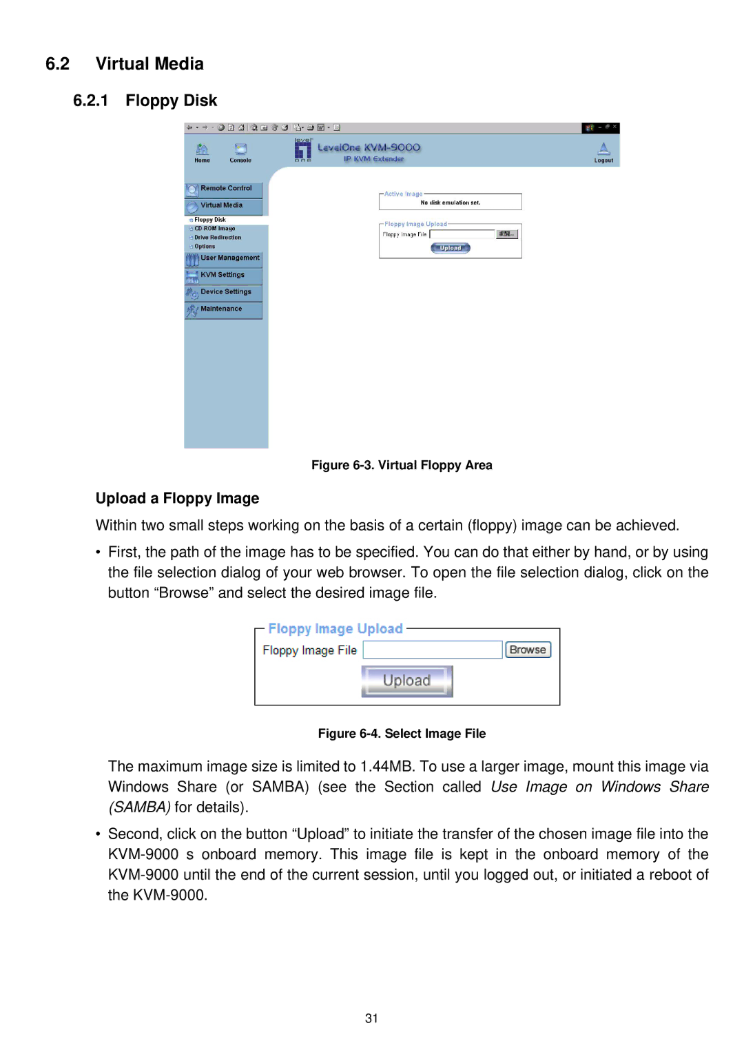 LevelOne KVM-9000 user manual Virtual Media, Upload a Floppy Image 