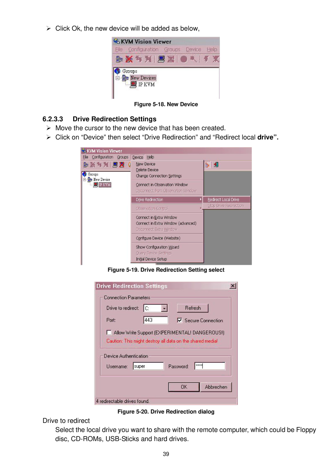 LevelOne KVM-9000 user manual Drive Redirection Settings, New Device 