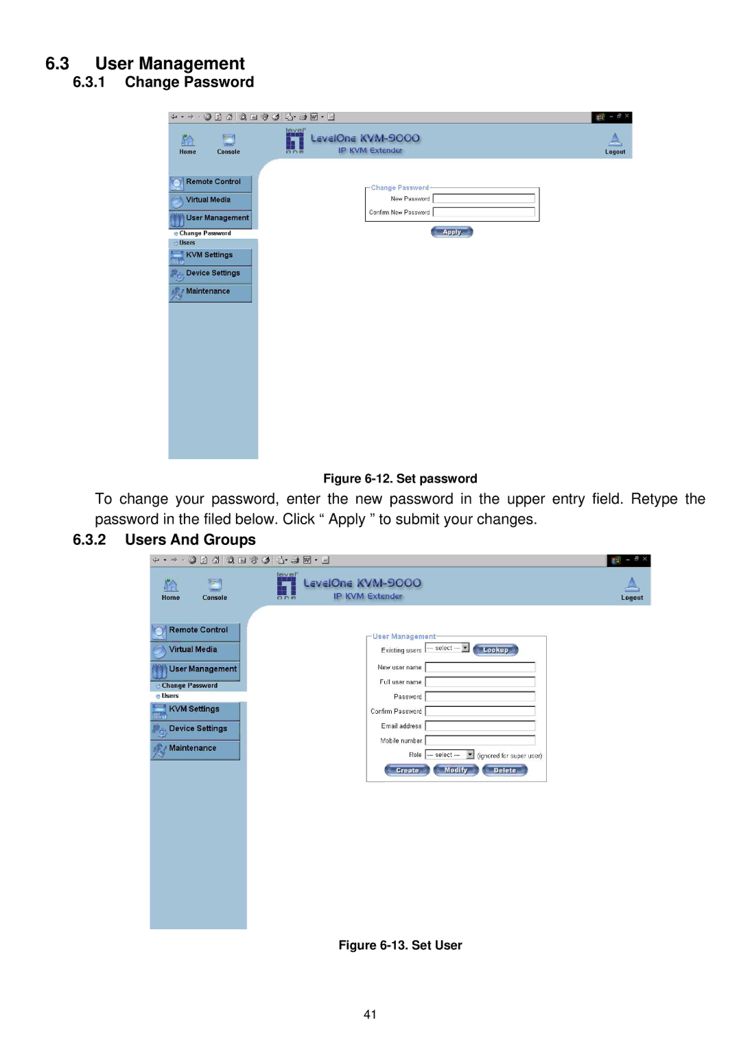 LevelOne KVM-9000 user manual User Management, Change Password, Users And Groups 