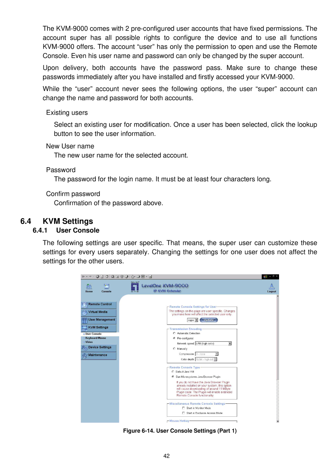 LevelOne KVM-9000 user manual KVM Settings, User Console 