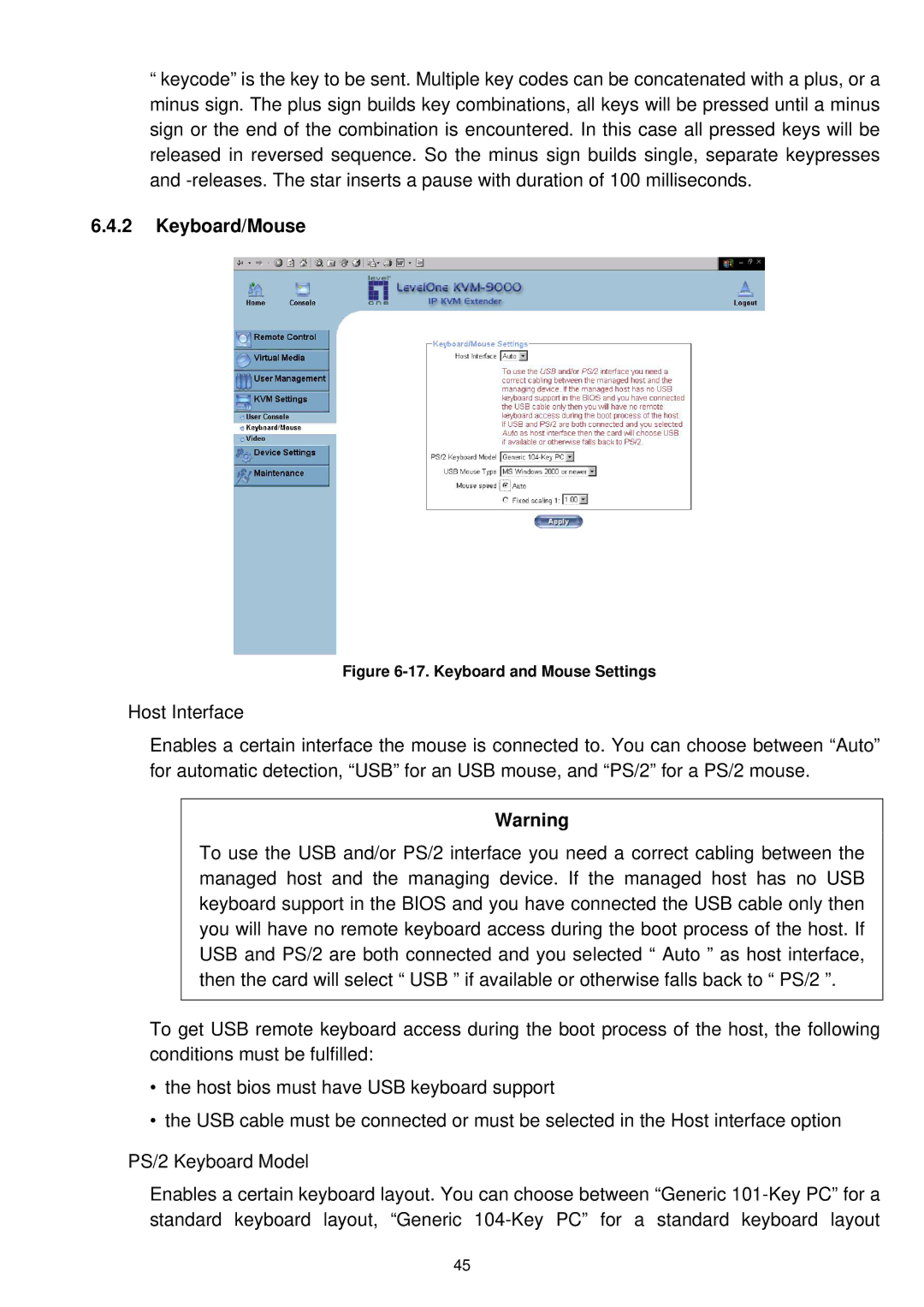 LevelOne KVM-9000 user manual Keyboard/Mouse, Keyboard and Mouse Settings 