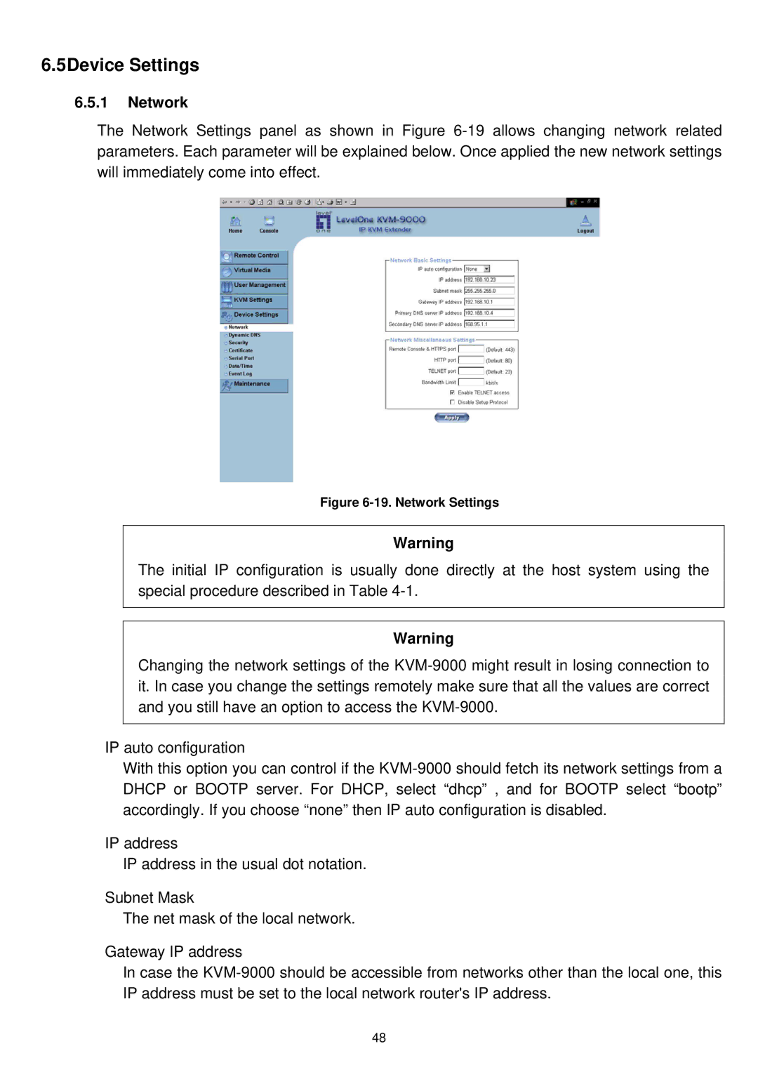 LevelOne KVM-9000 user manual 5Device Settings, Network 