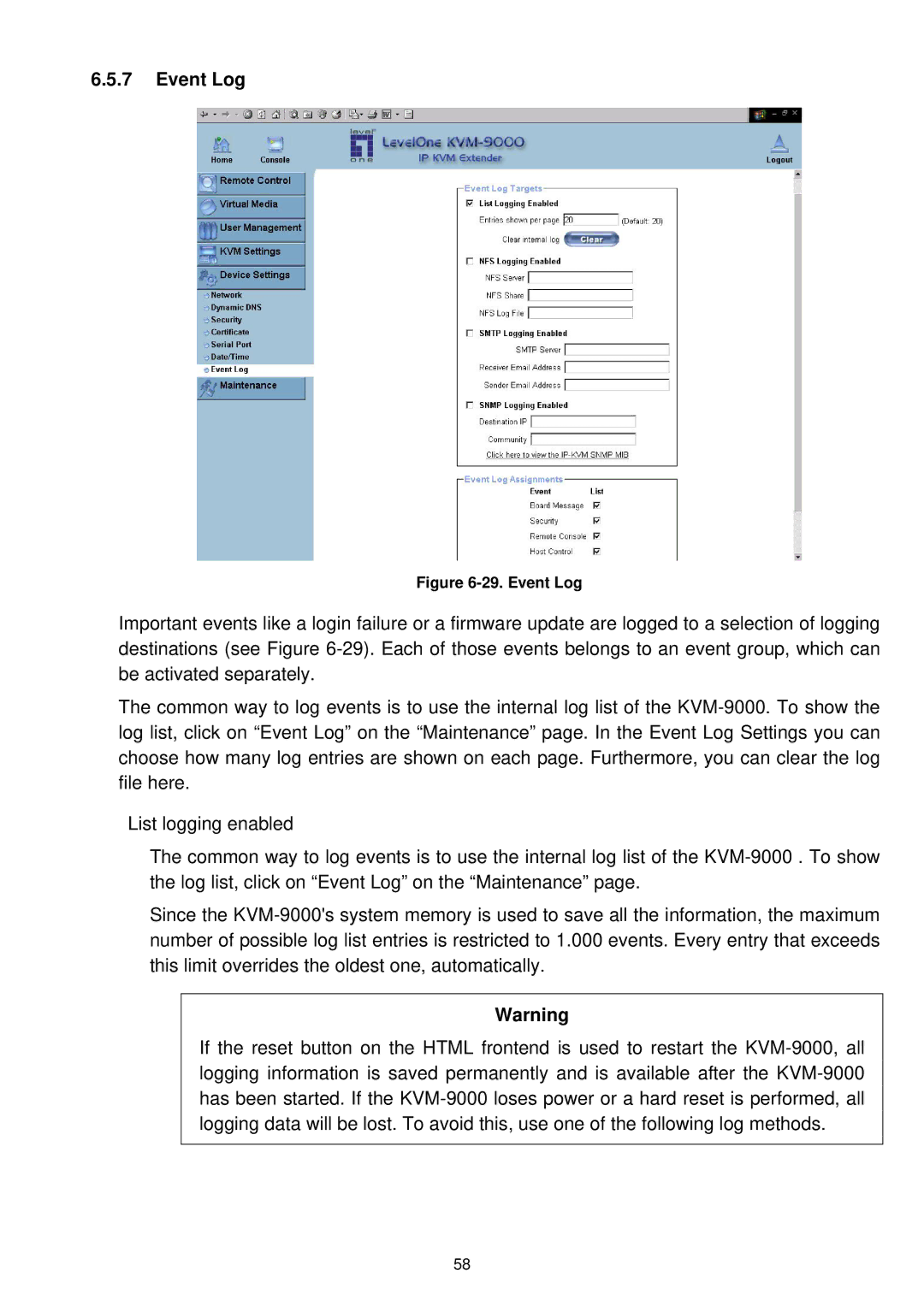 LevelOne KVM-9000 user manual Event Log 