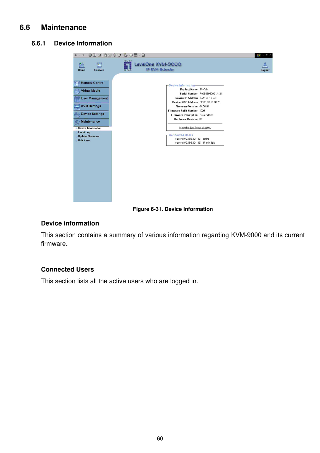 LevelOne KVM-9000 user manual Maintenance, Device Information, Connected Users 