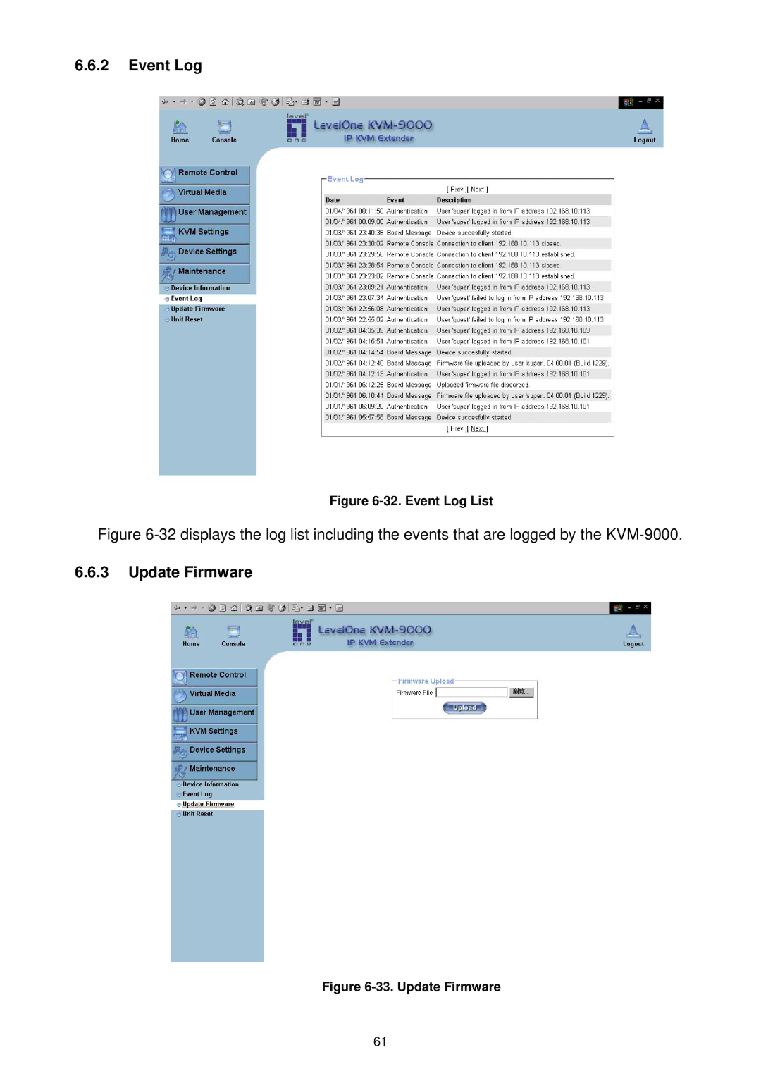 LevelOne KVM-9000 user manual Update Firmware, Event Log List 