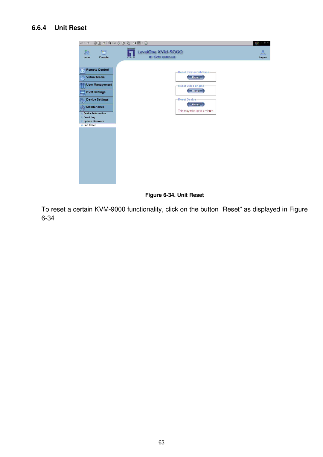 LevelOne KVM-9000 user manual Unit Reset 