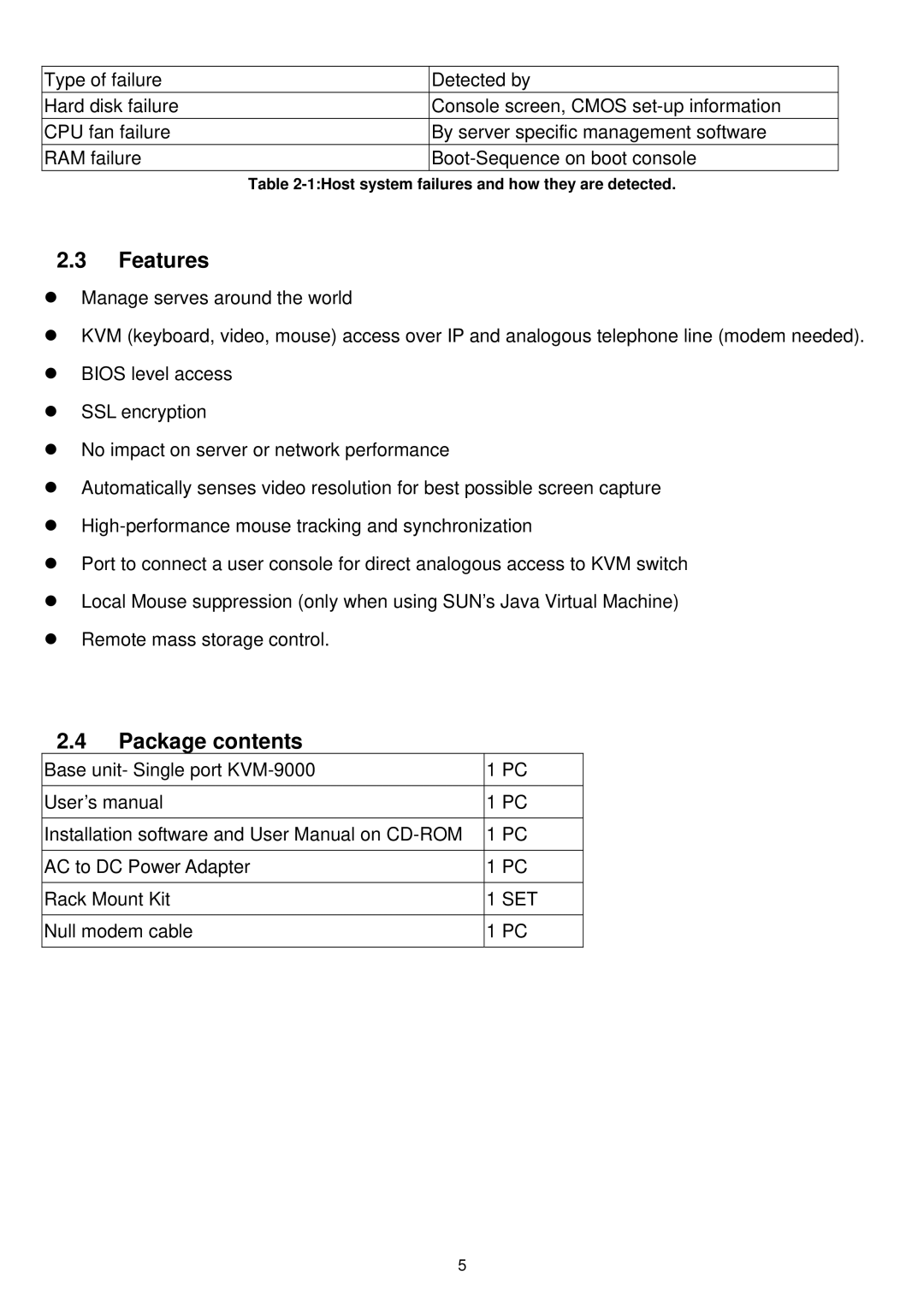 LevelOne KVM-9000 user manual Features, Package contents 