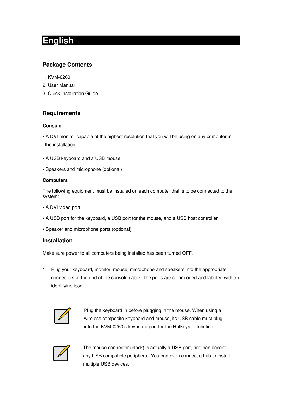 LevelOne kvm-0260, level one 2-port dvi usb kvm switch Package Contents, Requirements, Installation, Console, Computers 