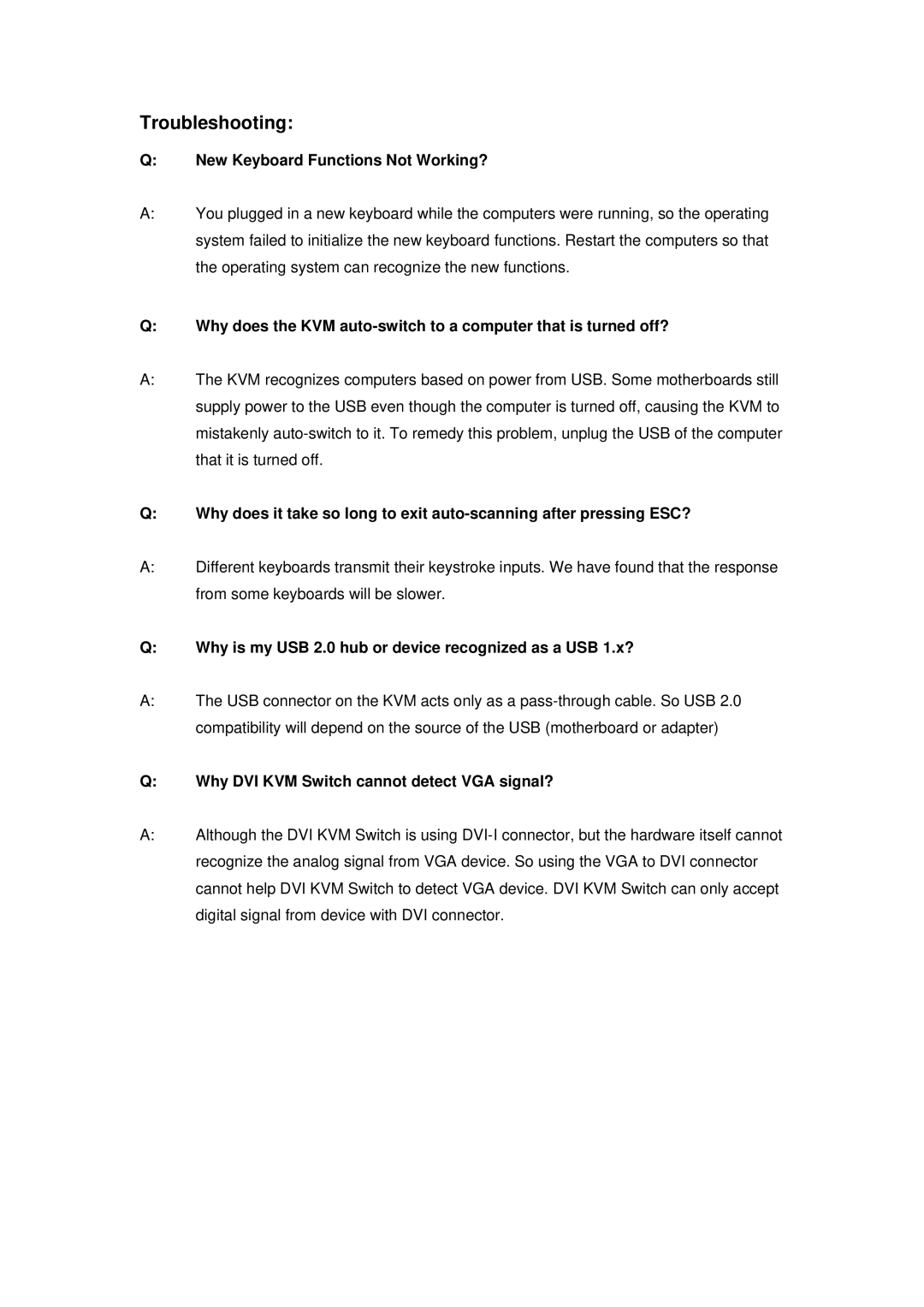 LevelOne level one 2-port dvi usb kvm switch, kvm-0260 user manual Troubleshooting, New Keyboard Functions Not Working? 