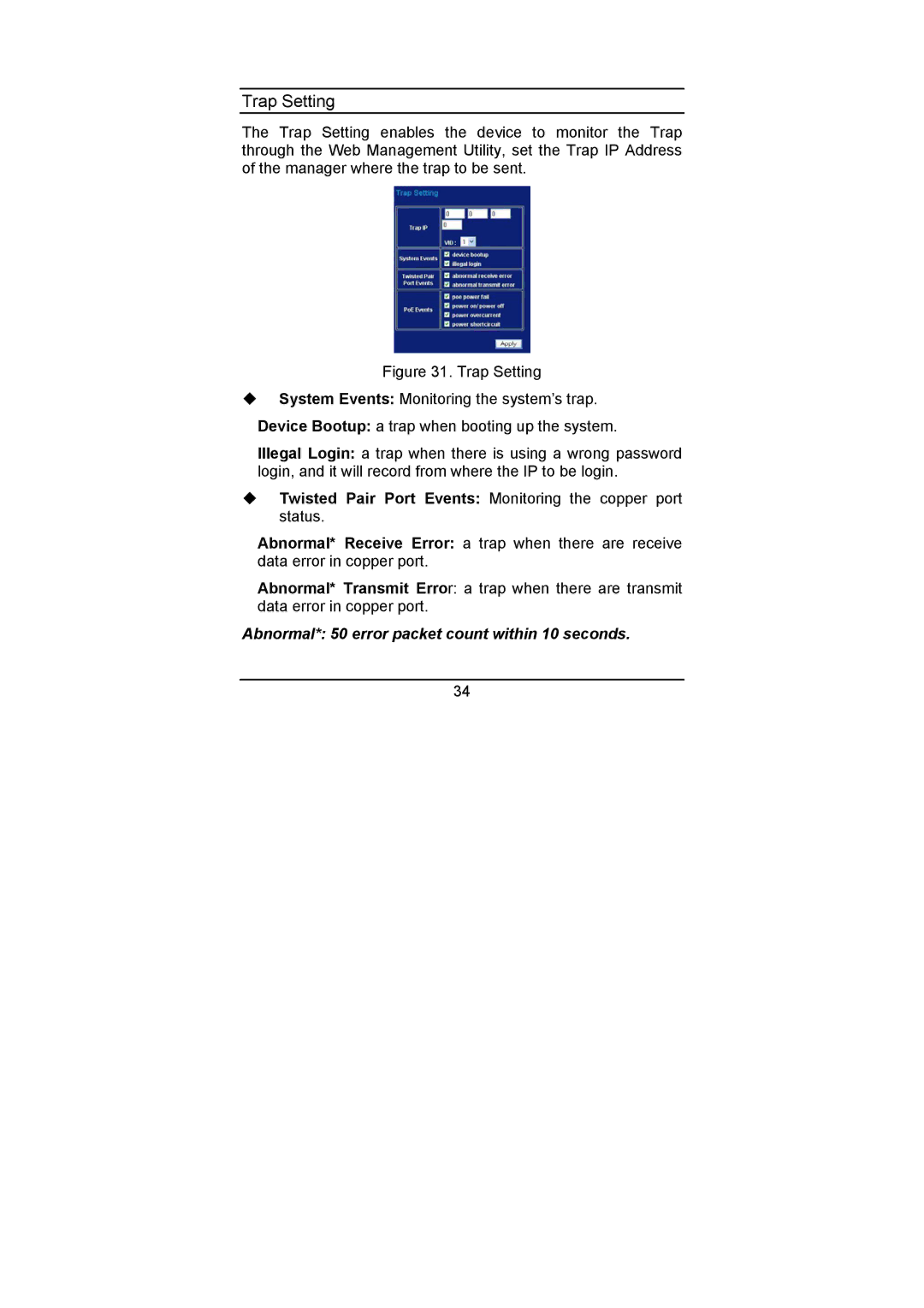 LevelOne FSW-1670TX user manual Trap Setting, Abnormal* 50 error packet count within 10 seconds 