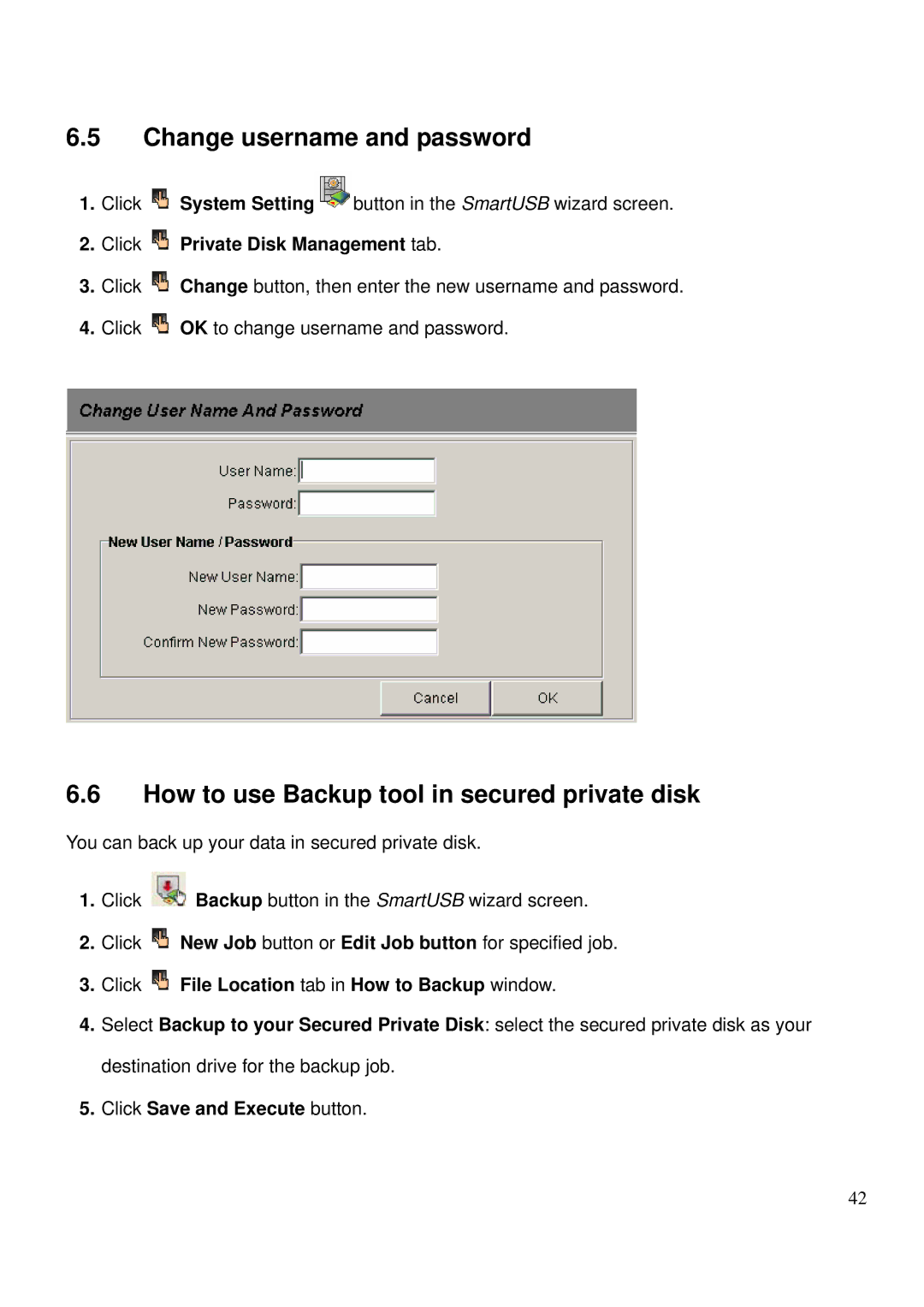 LevelOne MUS-2500 user manual Change username and password, How to use Backup tool in secured private disk 