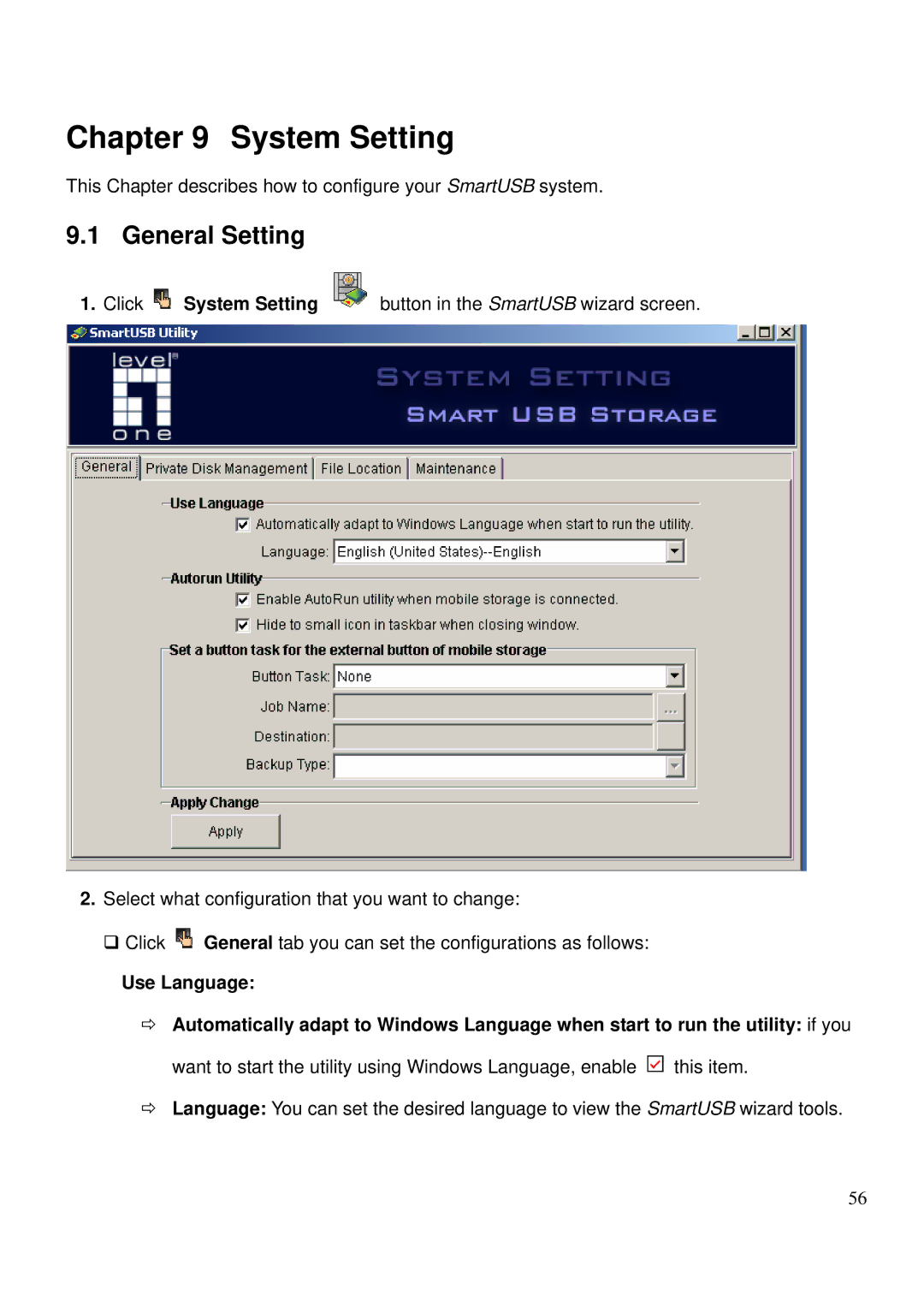 LevelOne MUS-2500 user manual System Setting, General Setting 