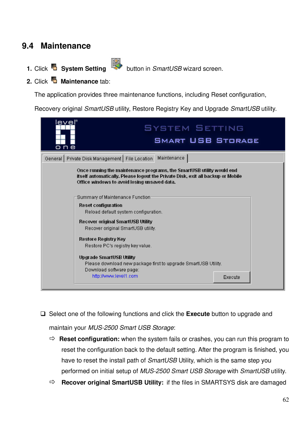 LevelOne MUS-2500 user manual Click Maintenance tab 