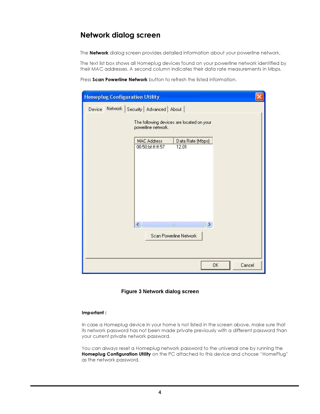 LevelOne PLI-1000, PLI-2000 user manual Network dialog screen 