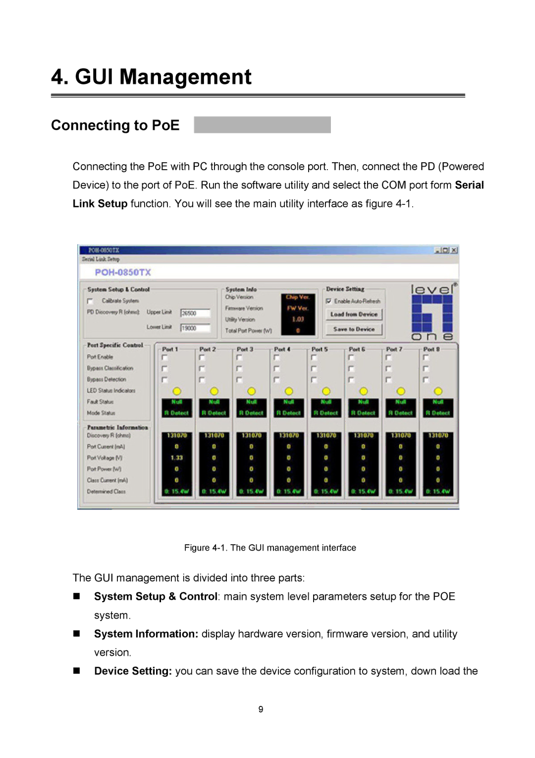 LevelOne POH-0850TX user manual GUI Management, Connecting to PoE 