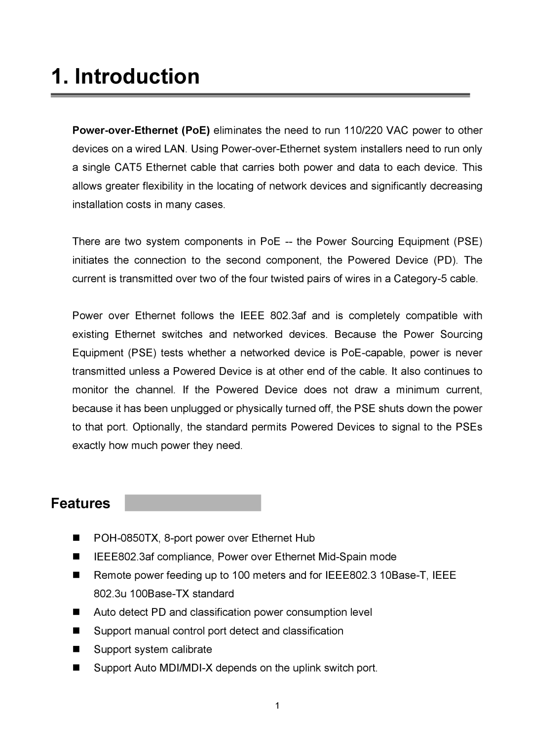 LevelOne POH-0850TX user manual Introduction, Features 