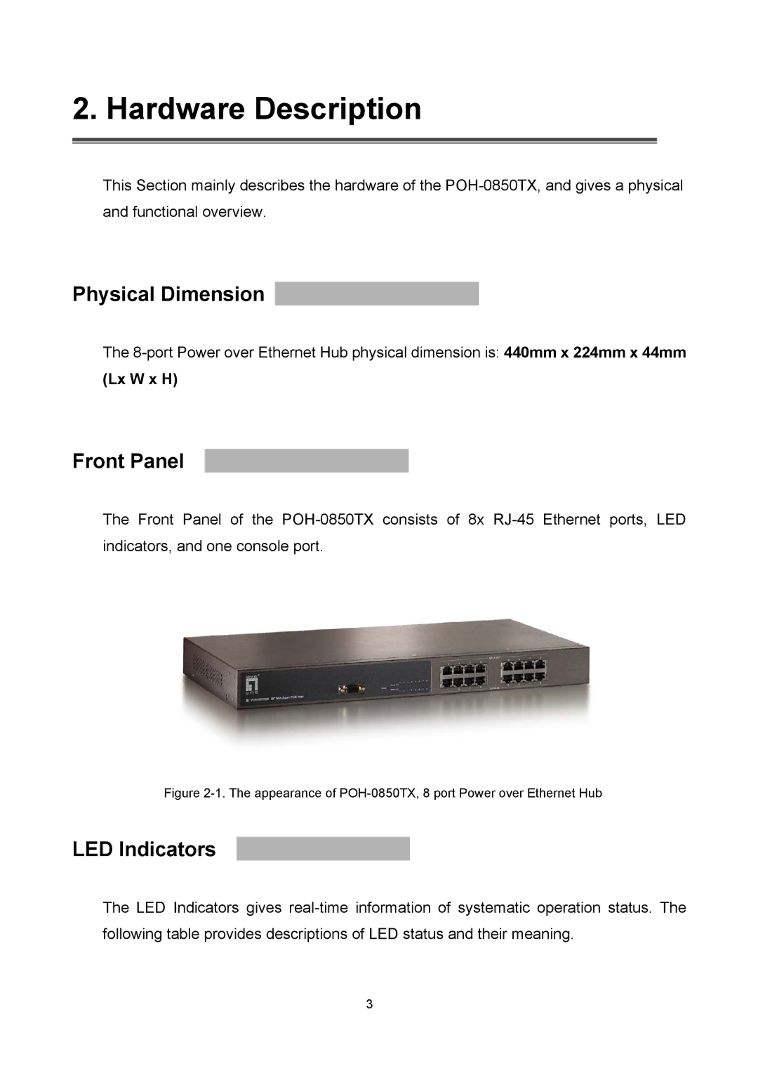 LevelOne POH-0850TX user manual Hardware Description, Physical Dimension, Front Panel, LED Indicators, Lx W x H 