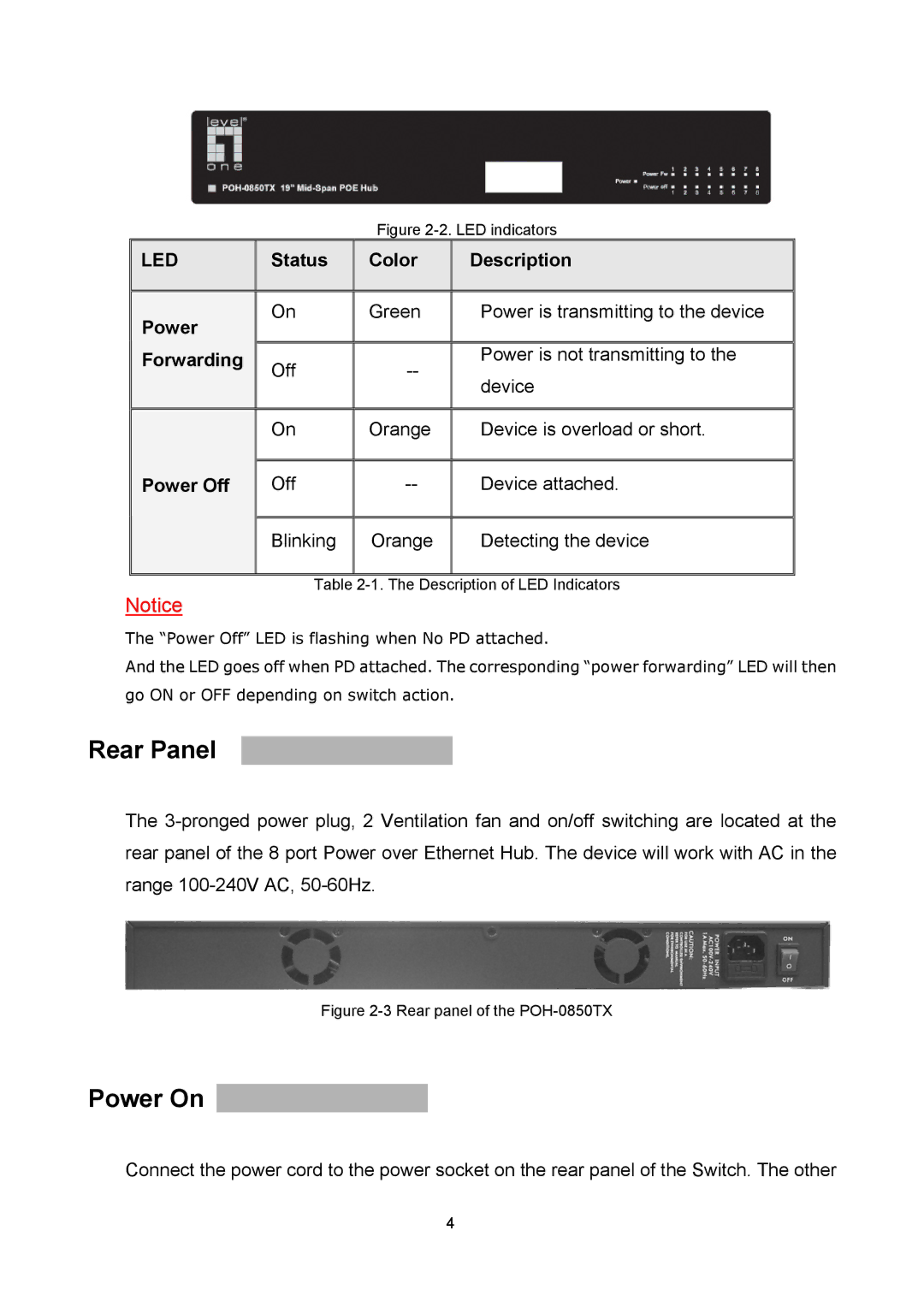 LevelOne POH-0850TX user manual Rear Panel, Power On, Status Color Description Power, Forwarding, Power Off 